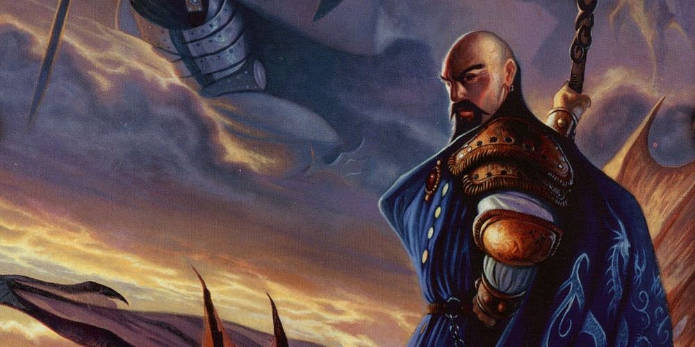 Cover art of 'D&D Living Greyhawk Gazetteer' sourcebook; a man with a large spear and armor against a sunset