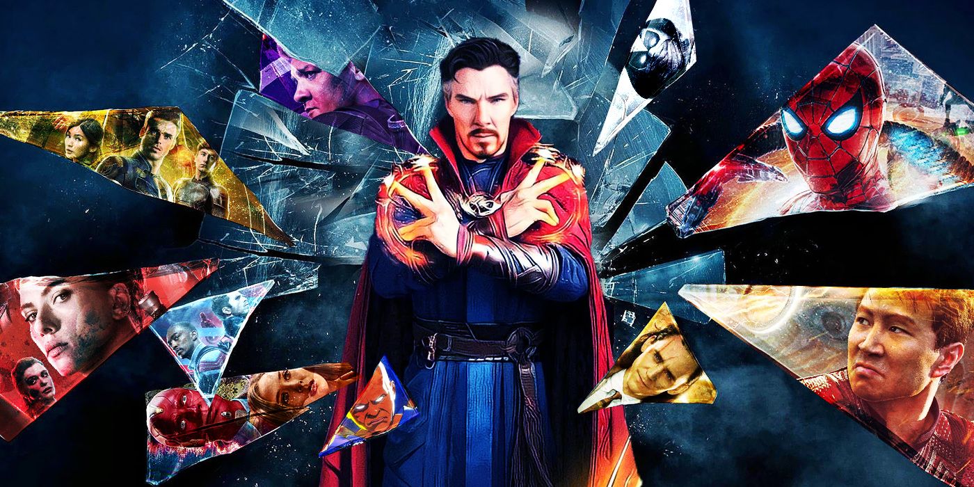 Doctor Strange controlling glass shards of Phase 4 of the MCU featuring Black Widow, WandaVision, Spiderman, Hawkeye, and more