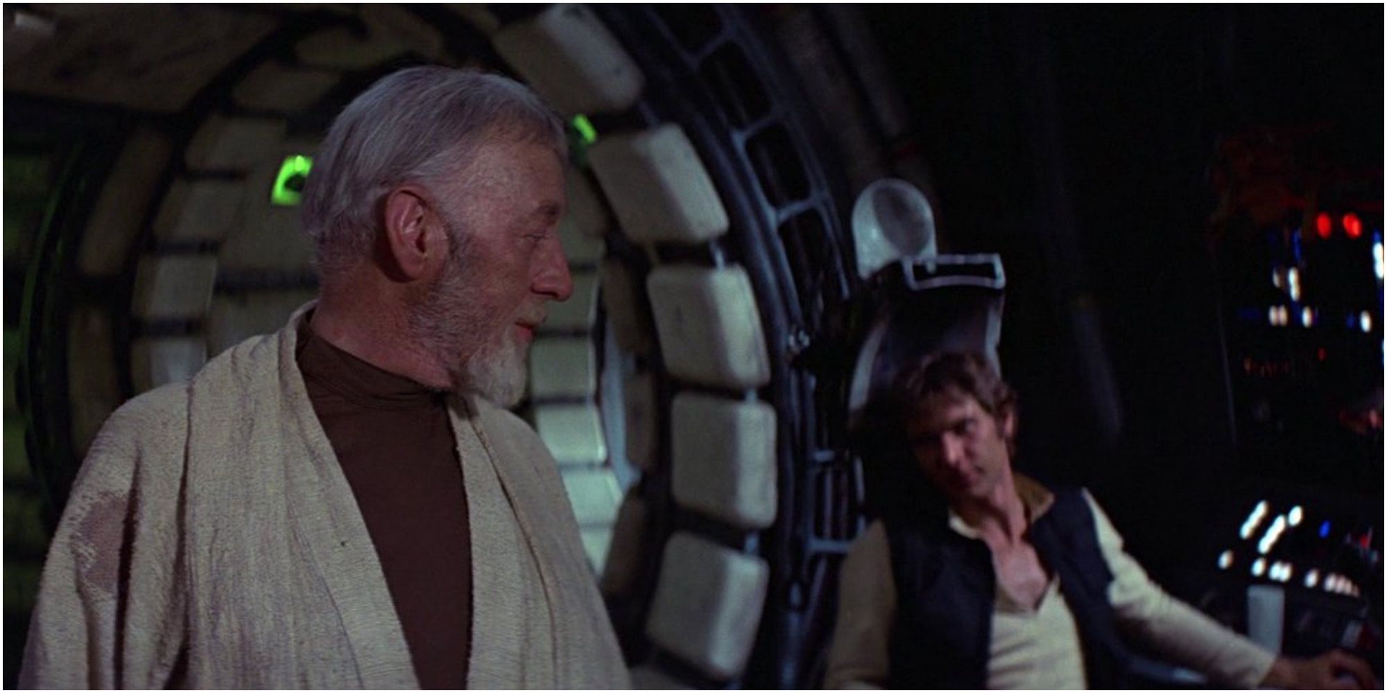 Obi-Wan talks to Han Solo while training Luke on the Millennium Falcon