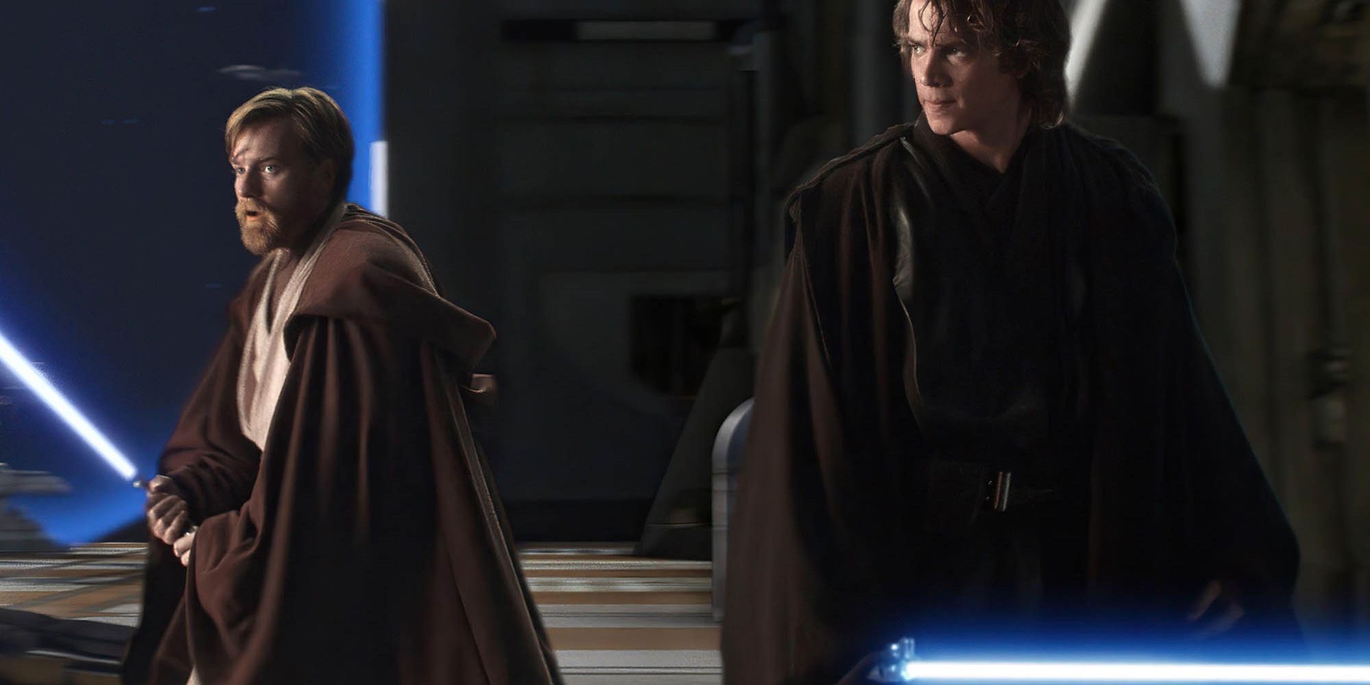 Ewan McGregor Obi Wan Kenobi Hayden Christensen Anakin Skywalker wielding blue lightsabers