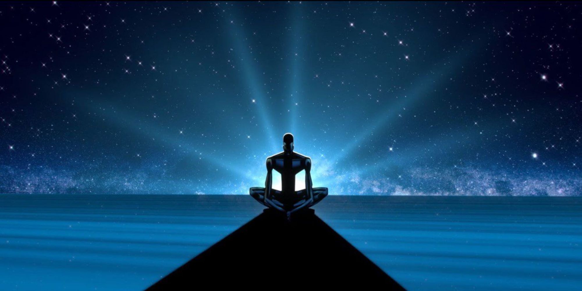 A man meditating in a blue cosmo light