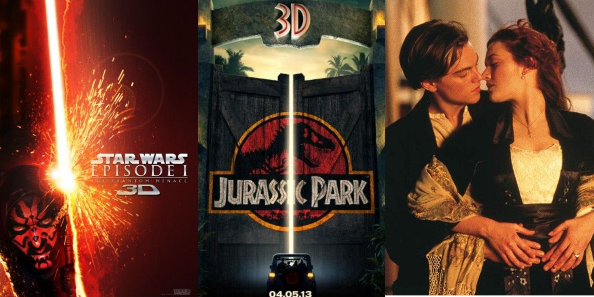 The Phantom Menace poster, Jurassic Park logo, and Leo and Kate in Titanic