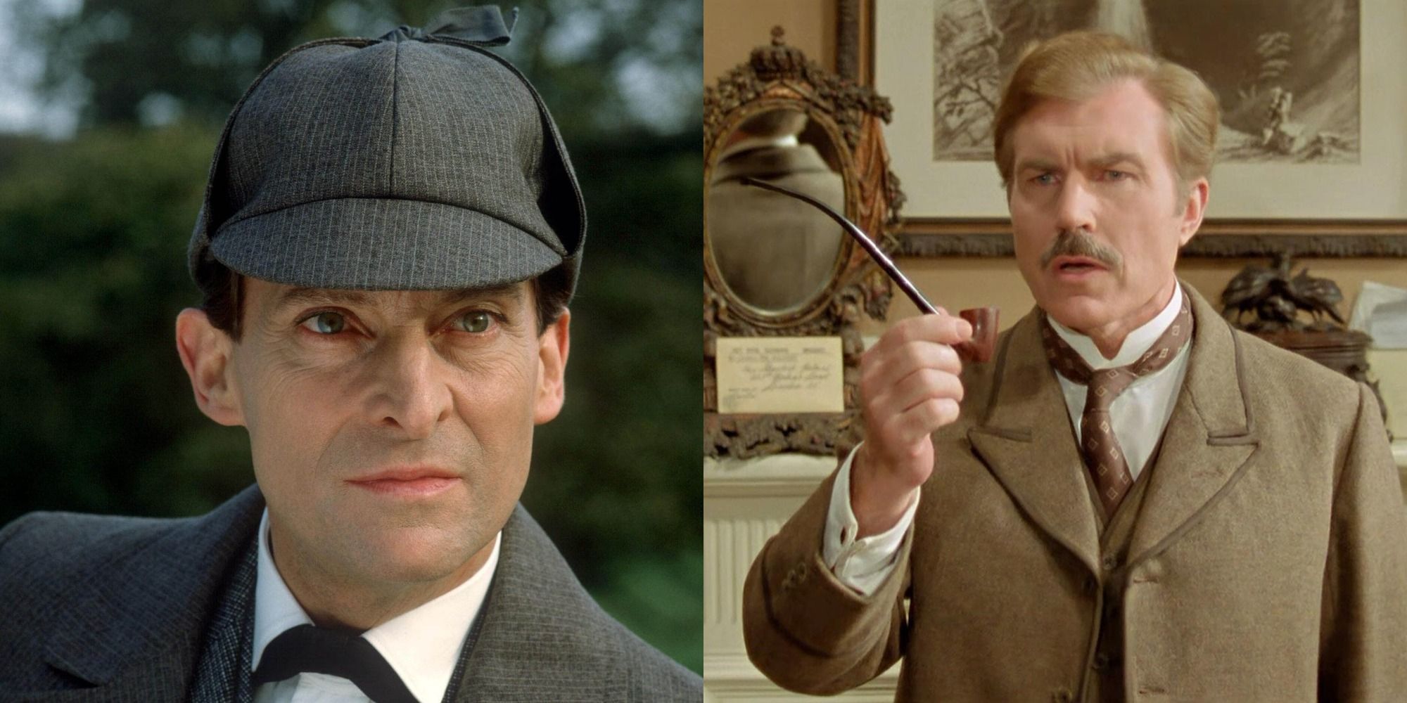 Split Image: Jeremy Brett as Sherlock Holmes on the left; David Burke holding a pipe as John Watson on the right