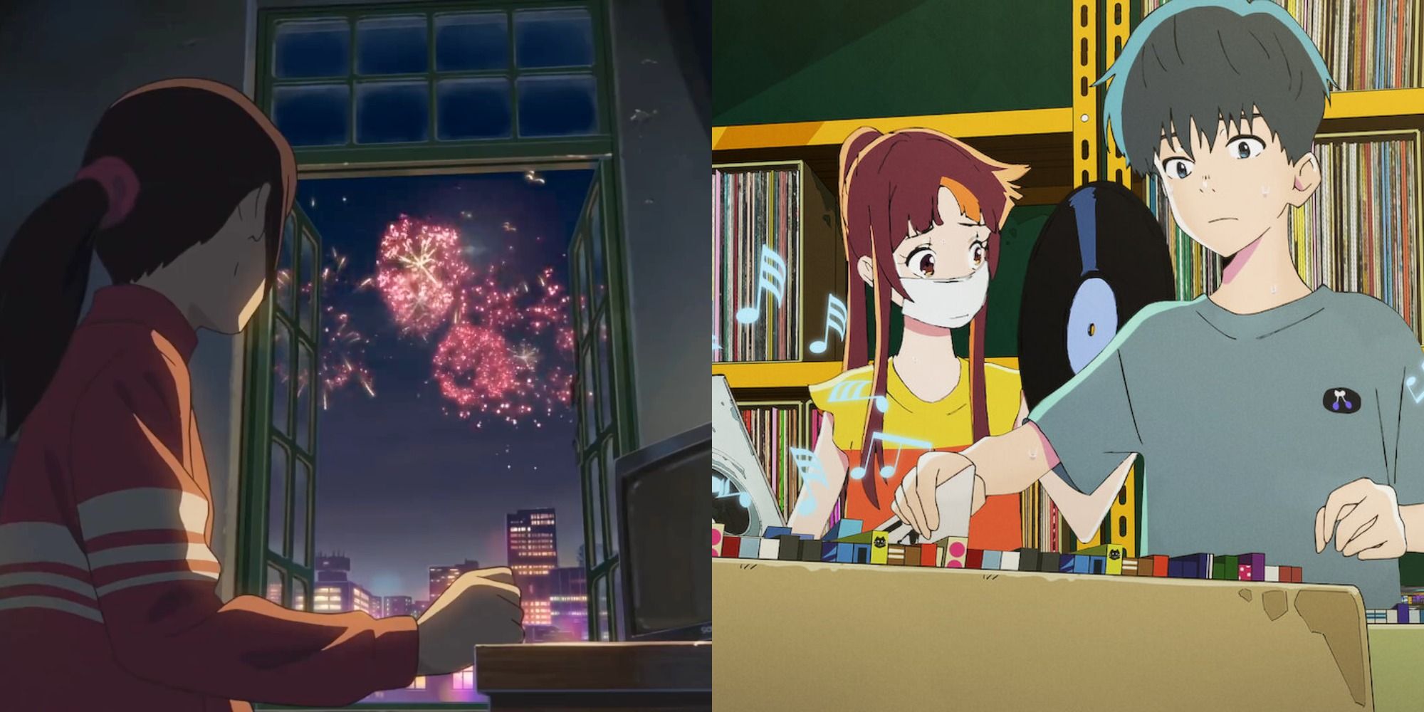 Split Image: a woman looking at fireworks display in 