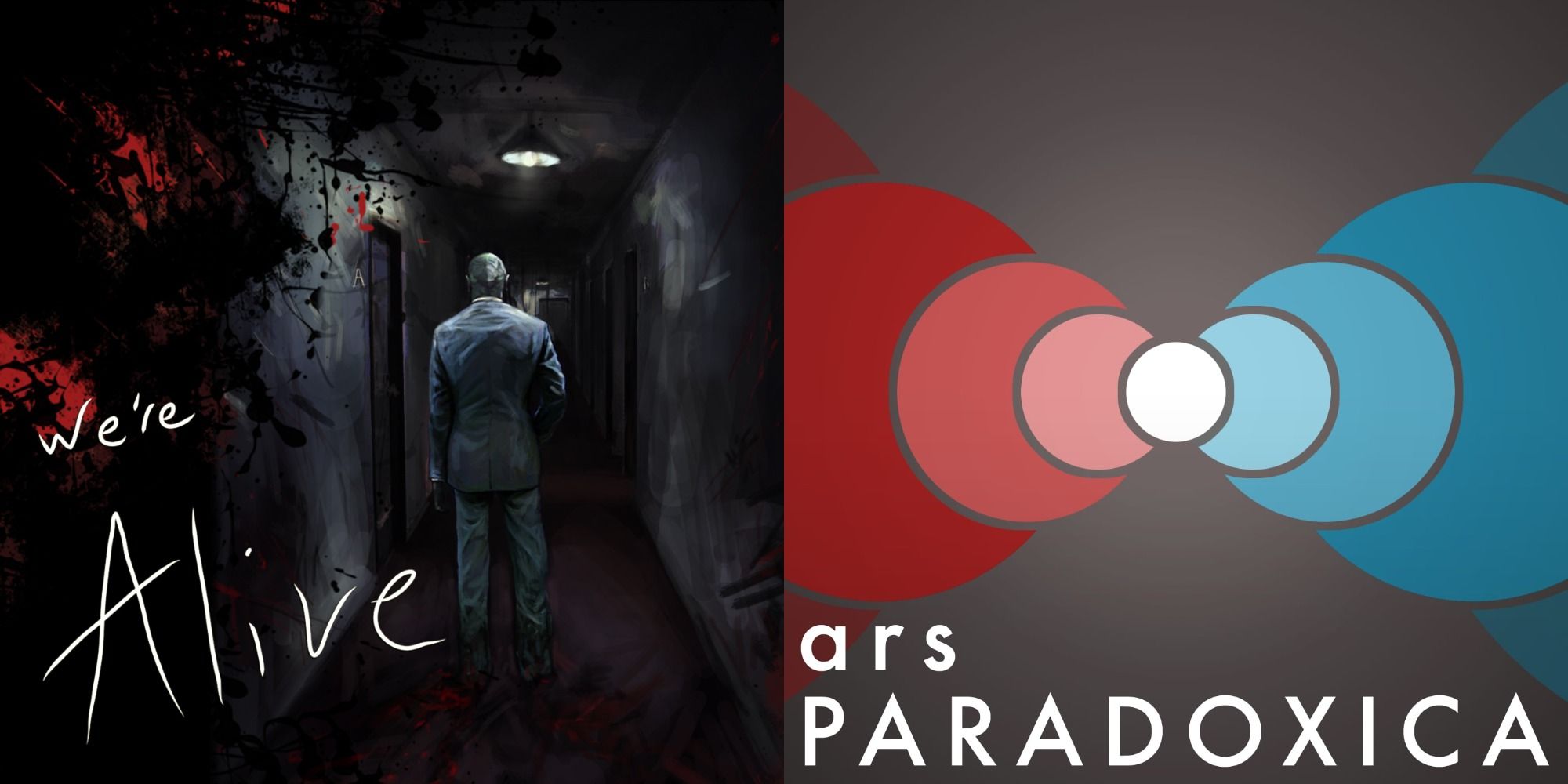 Split Image: 'We're Alive' poster with a dark hallway and a man facing away; abstract art for 'ars PARADOXICA' logo