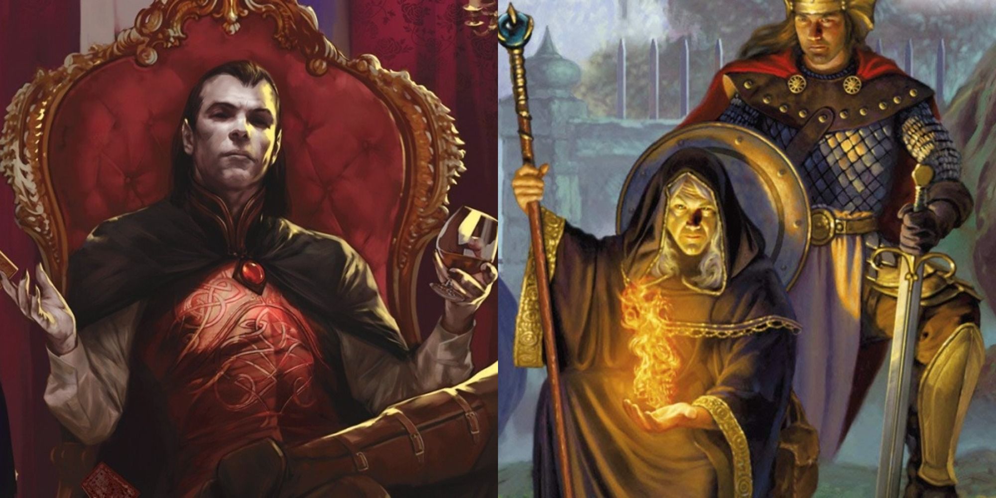 Split image: Strahd lounging in a chair dressed in red and black; Raistlin and Caramon Majere from Dragonlance, forming a fireball and holding a sword