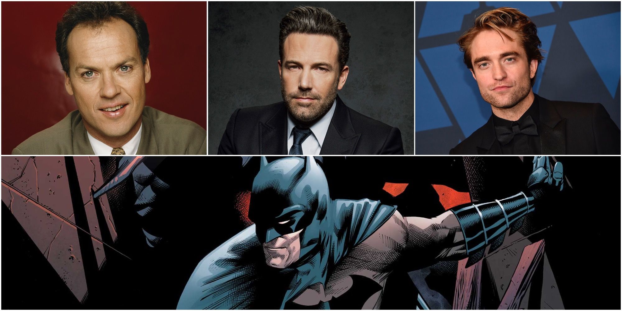 Michael Keaton, Ben Affleck, and Robert Pattinson with the comic book Batman