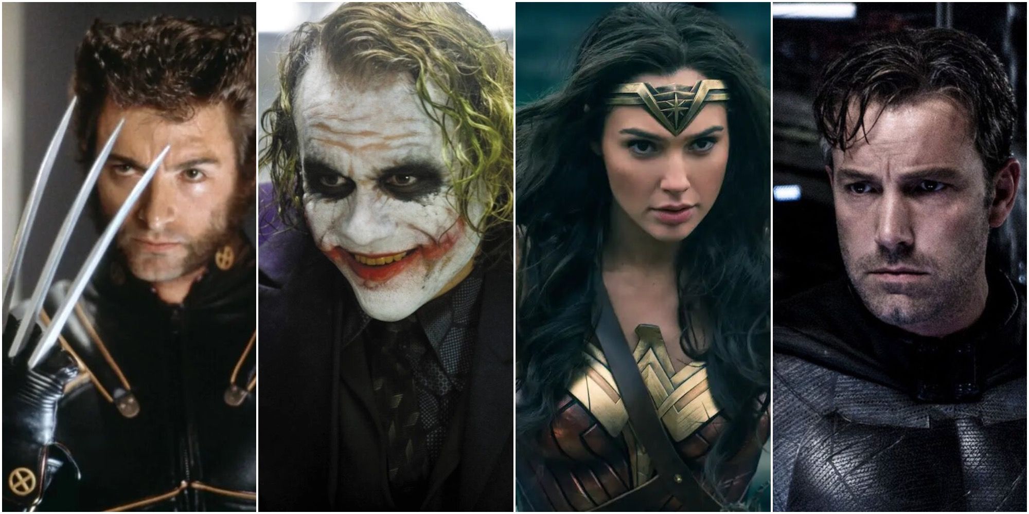 Hugh Jackman as Wolverine, Heath Ledger as Joker, Gal Gadot as Wonder Woman, and Ben Affleck as Batman