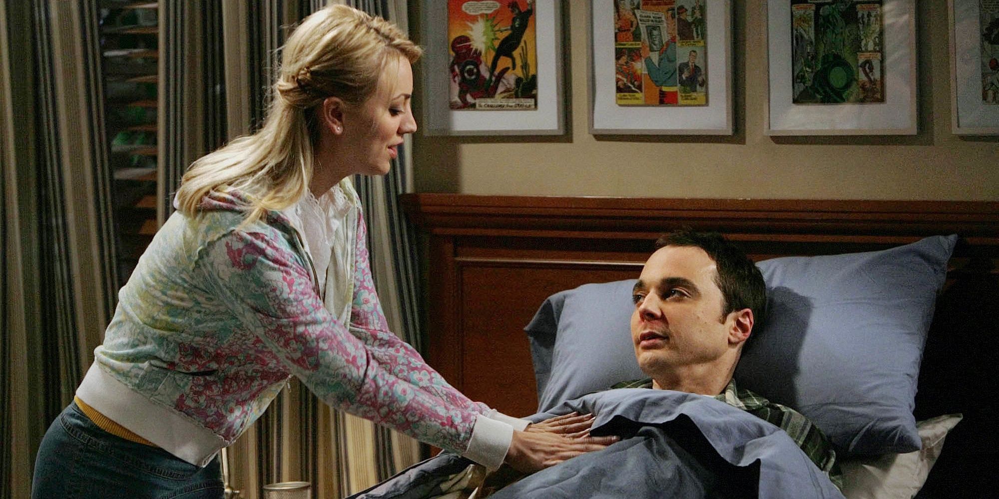 penny tucking sheldon into bed in the big bang theory