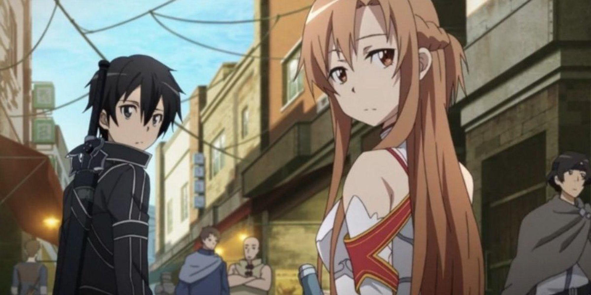 Kirito and Asuna looking behind them in Sword Art Online