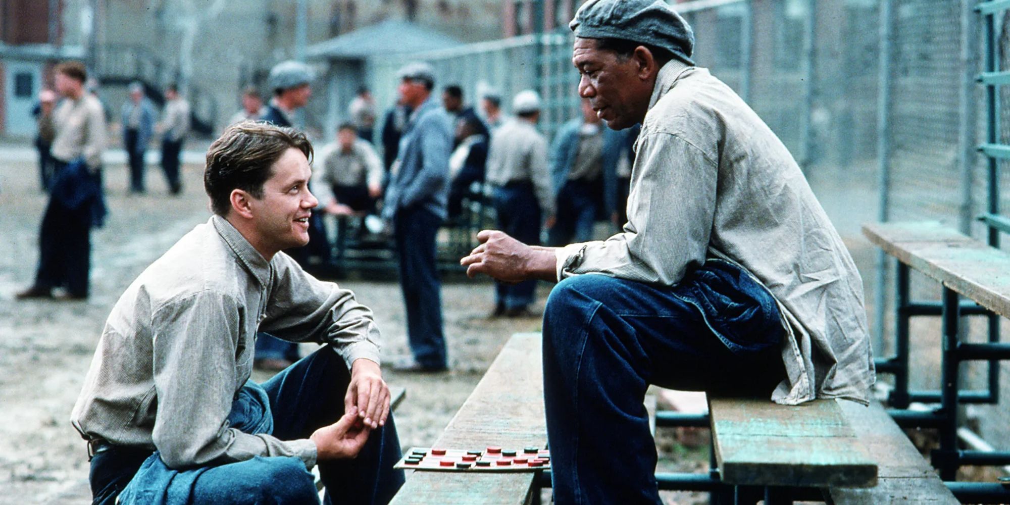 Morgan Freeman as Ellis Boyd Redding and Tim Robbins as Andy Dufresne in The Shawshank Redemption