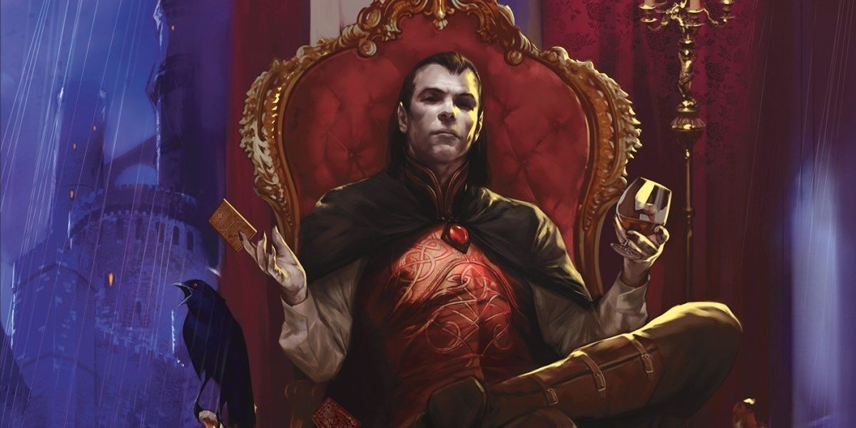 Vampire Strahd lounging in a throne holding wine and an envelope