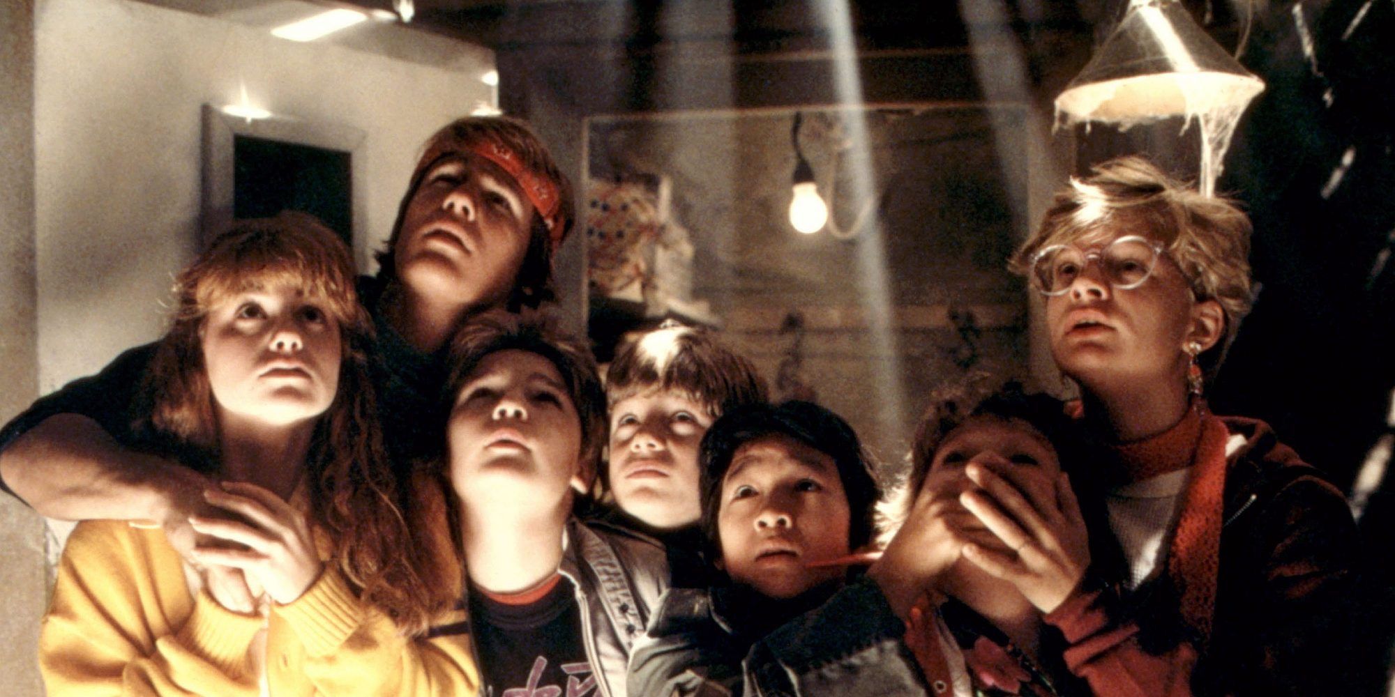 The cast of 'The Goonies' staring at the ceiling