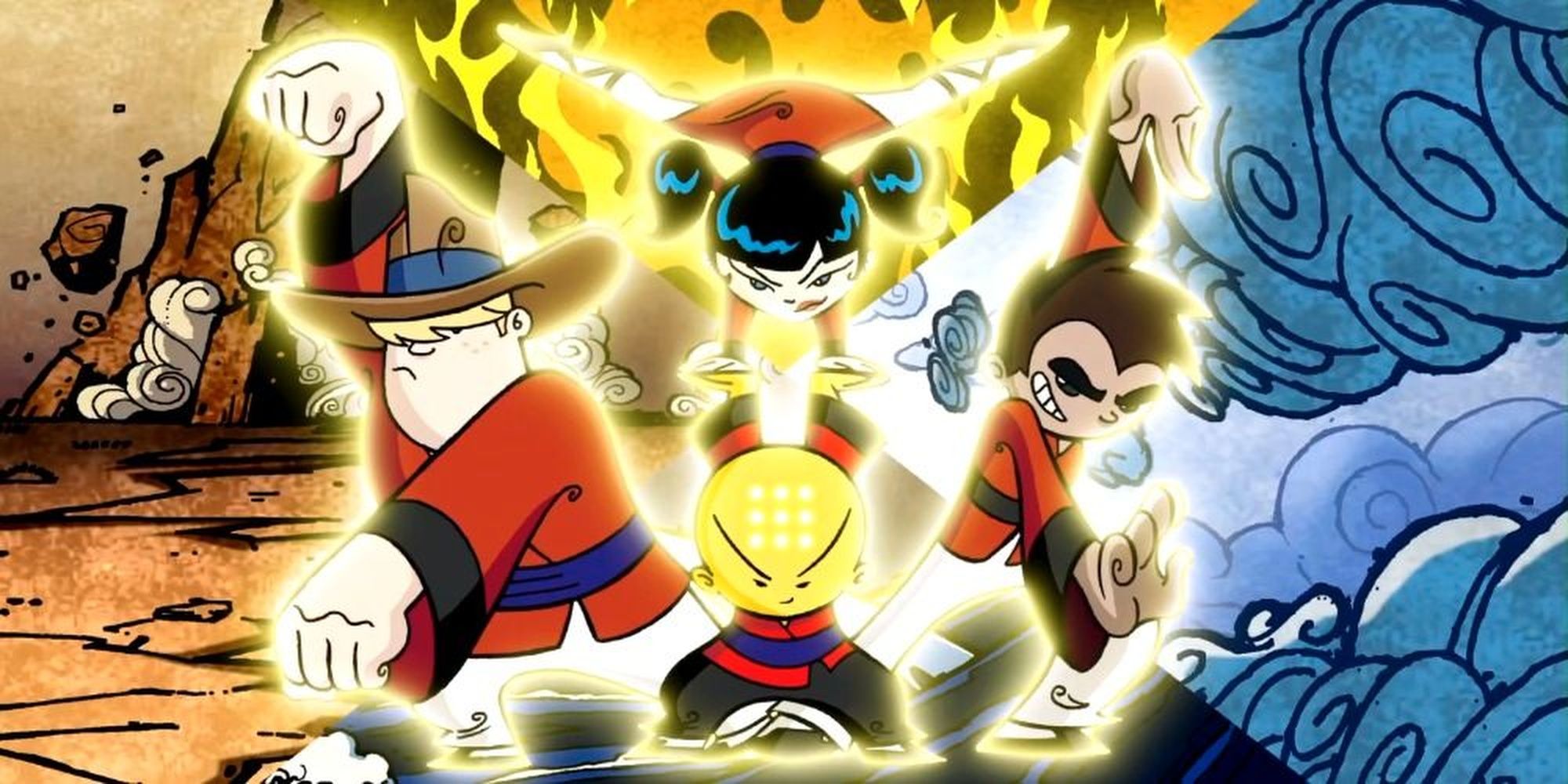 The four heroes of Xiaolin Showdown performing a martial arts move together.