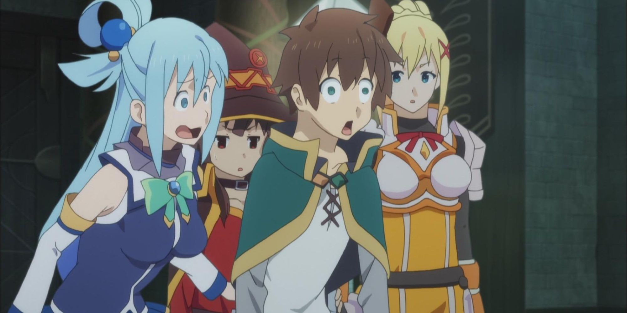 Kazuma looking dumbstruck with his friends by his side.