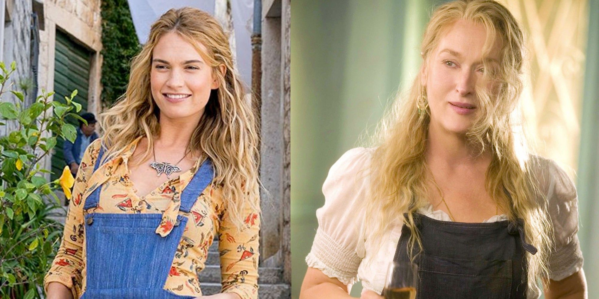 Lily James and Meryl Streep as Donna Sheridan in Mamma Mia