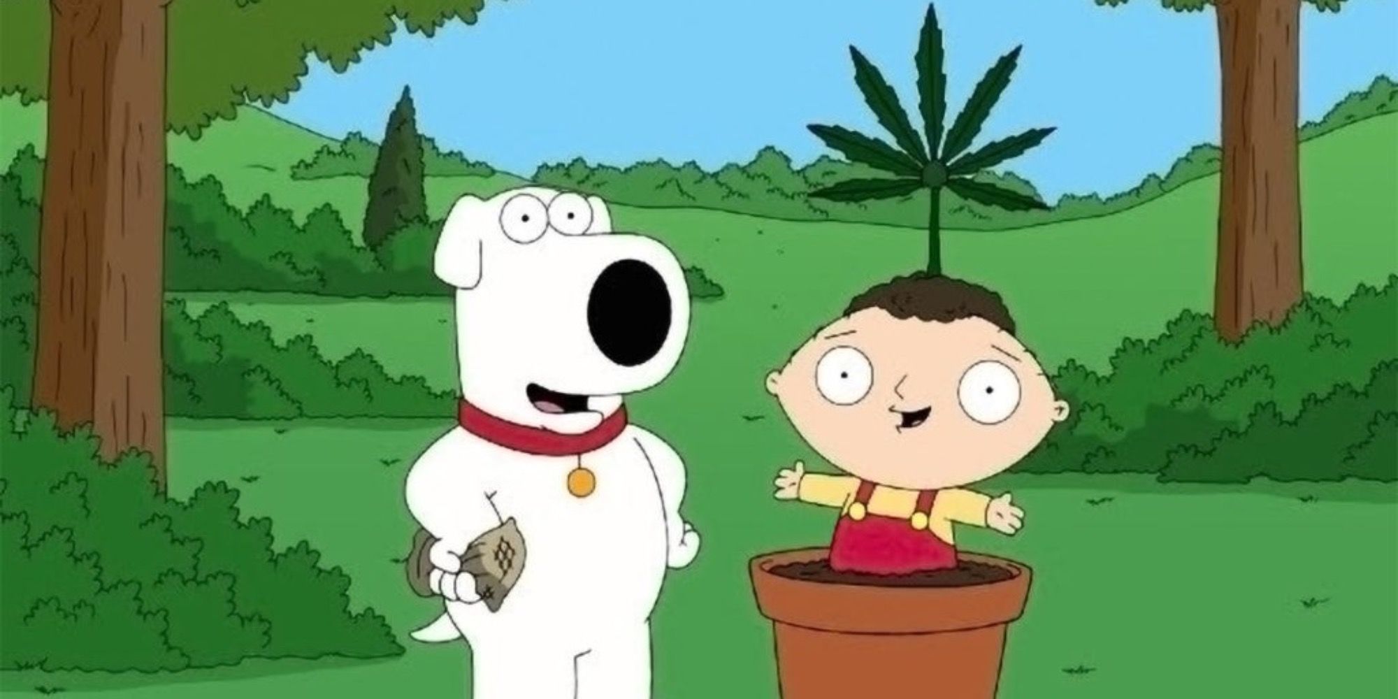 Brian standing next to Stewie, who is in a pot plant