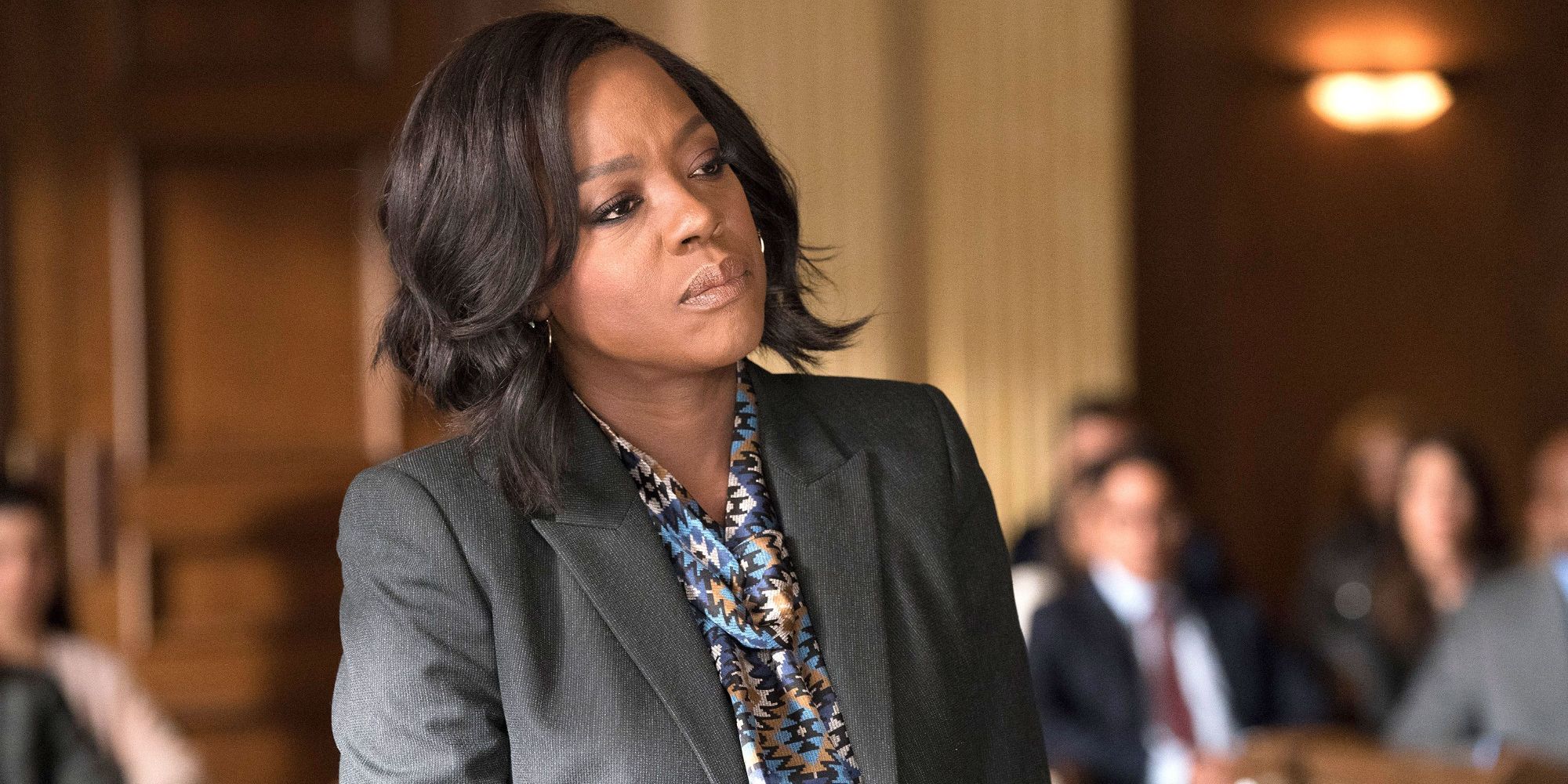 Viola Davis as Annalise Keating looks solemn in a courtroom on How to Get Away With Murder.