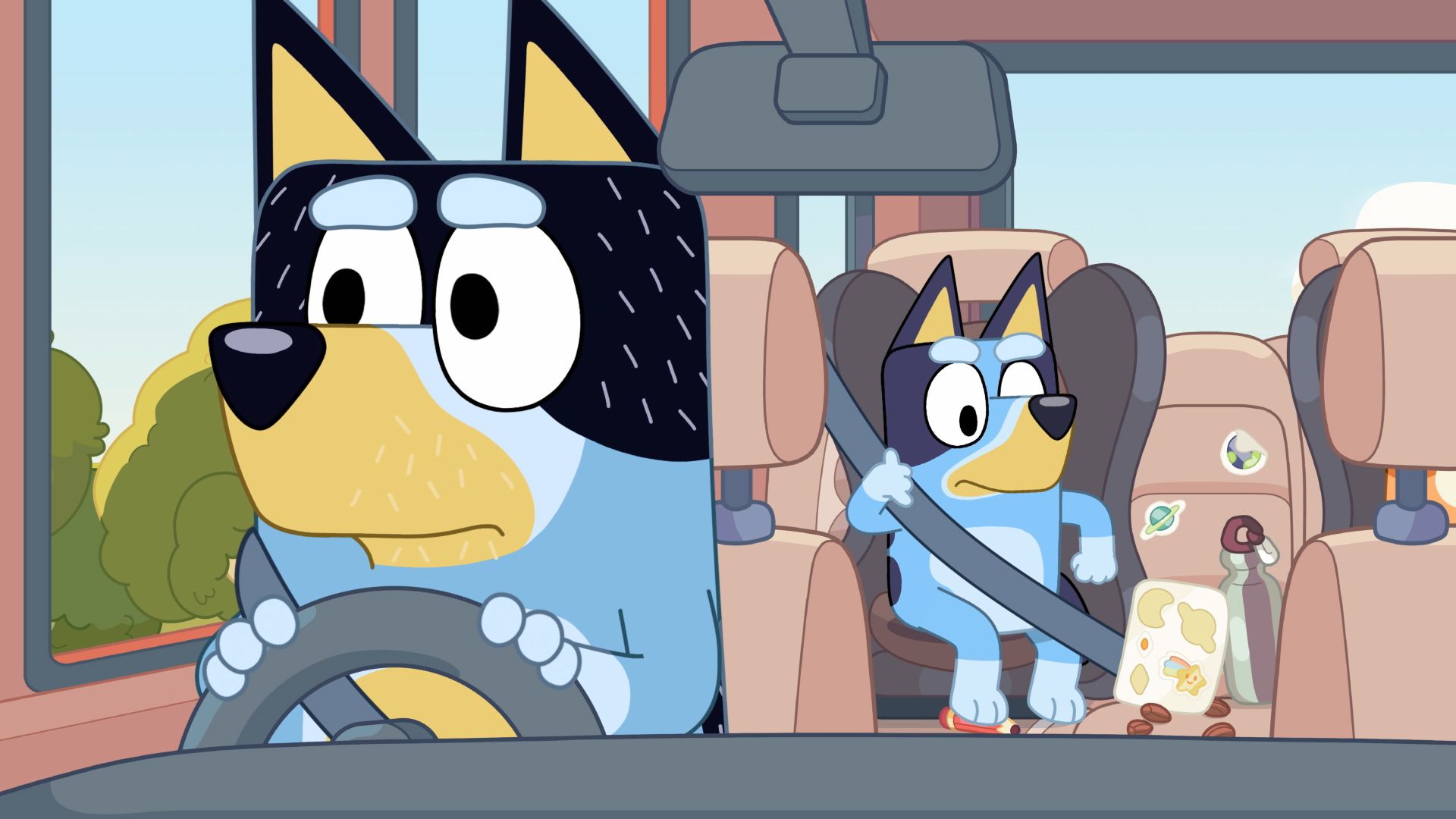 Bluey sitting in the backseat while his dad drives in "Daddy Drop Off"