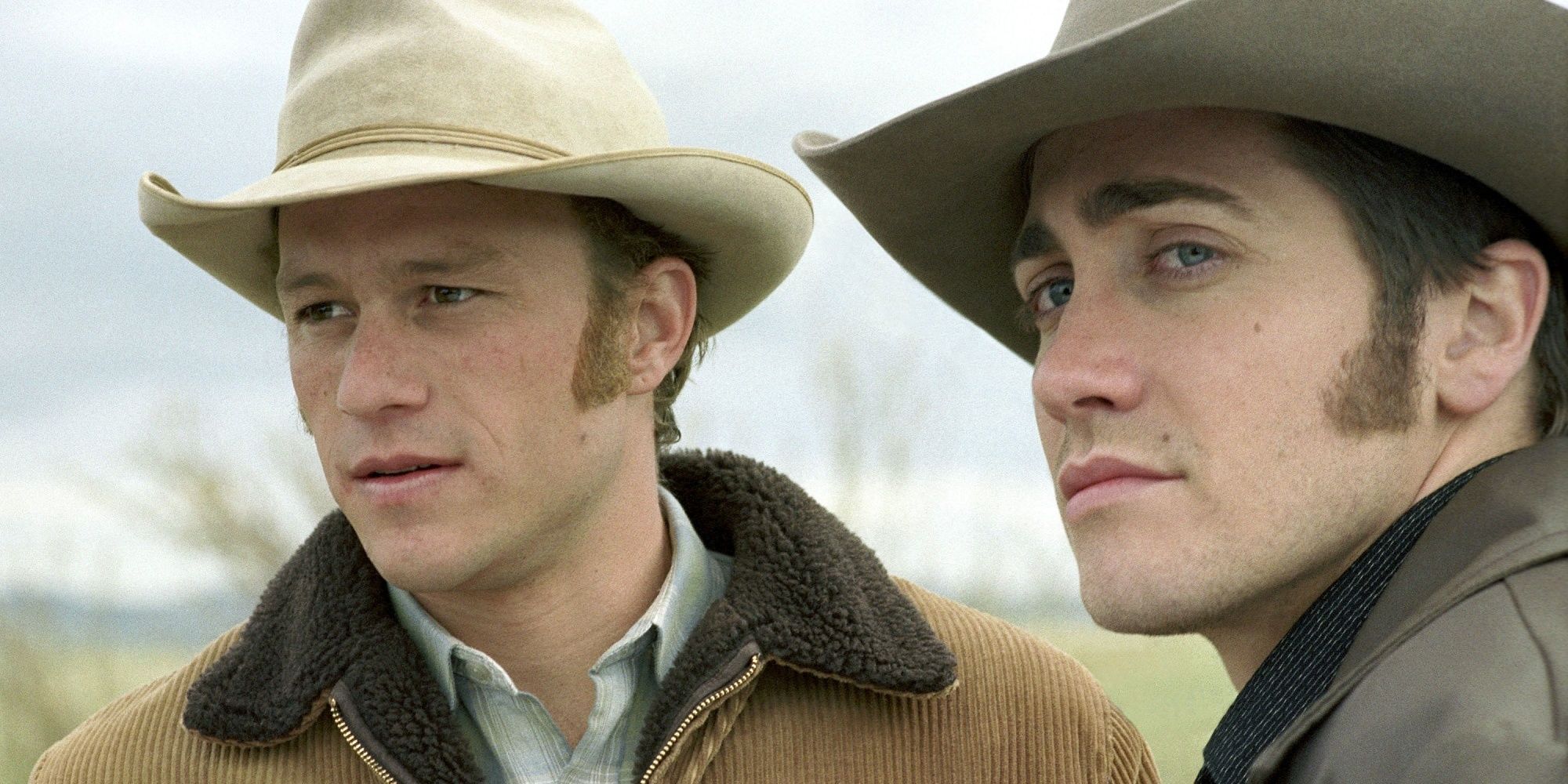 Heath Ledger and Jake Gyllenhaal in cowboy hats together in Brokeback Mountain.