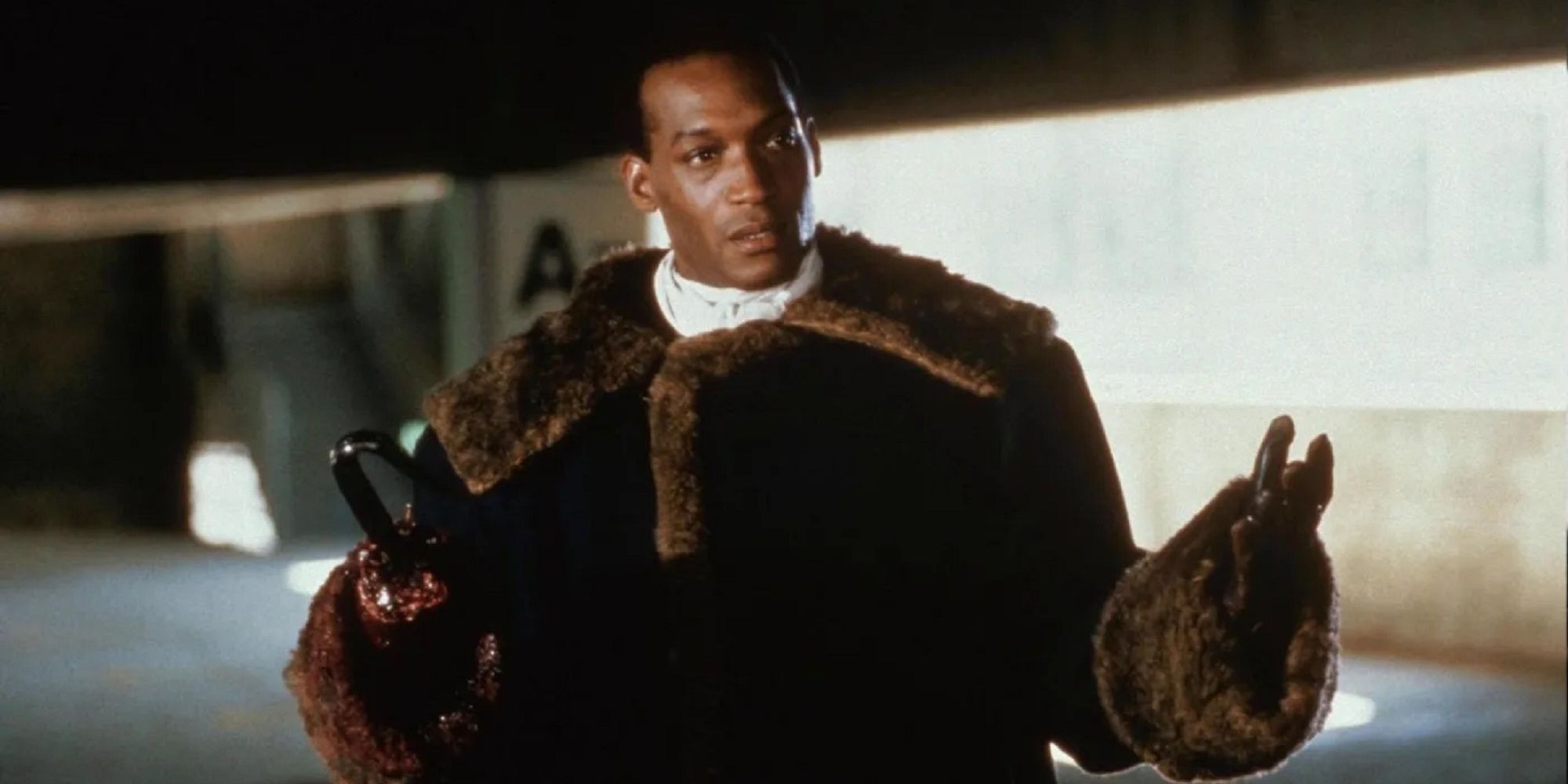 Candyman in his big fur coat in the movie, Candyman.