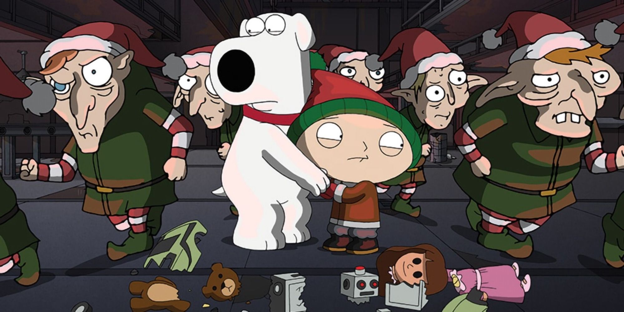 Brian and Stewie huddle together as deformed elves run past
