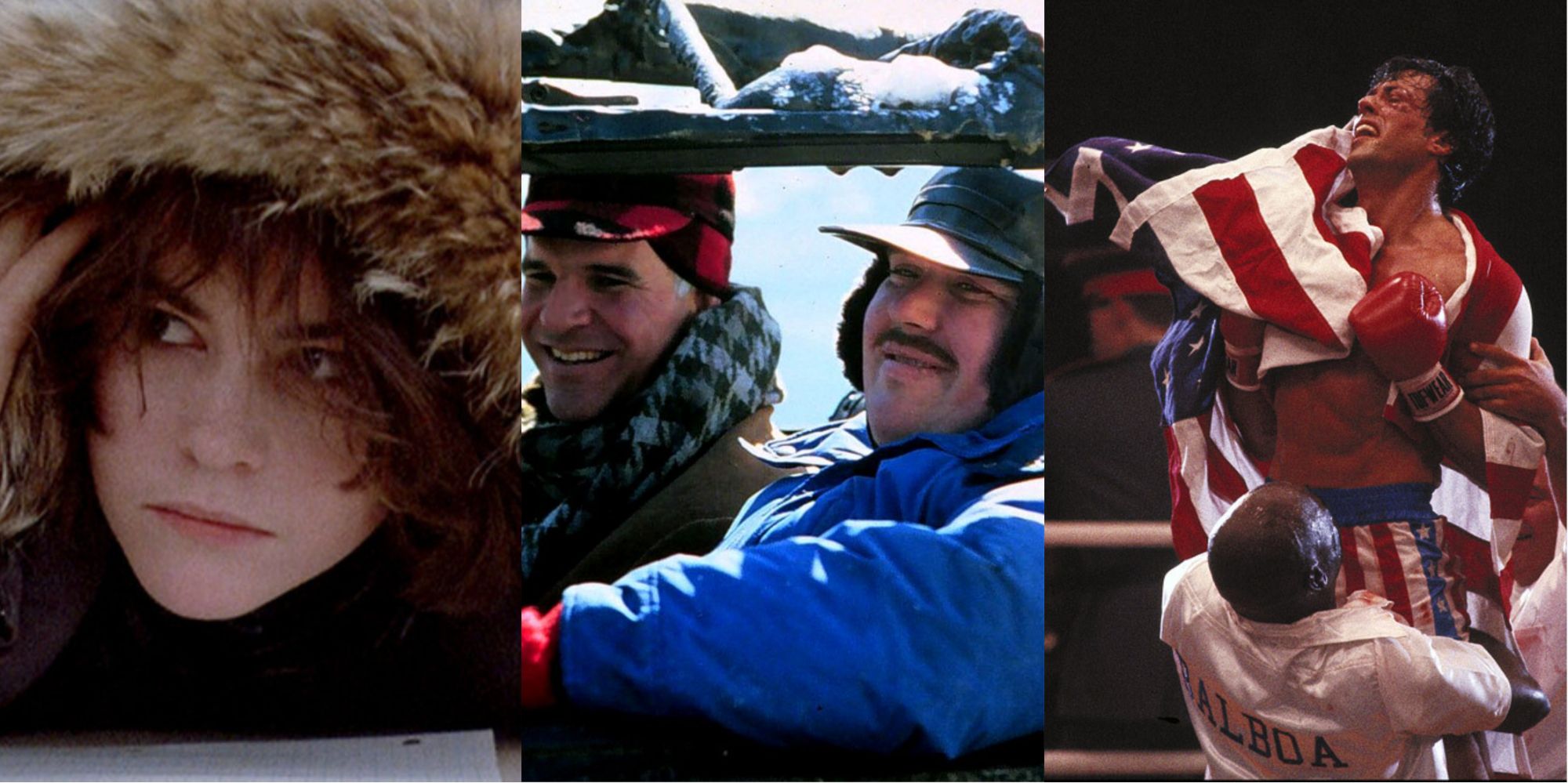 Ally Sheedy, Steve Martin, John Candy, and Sylvester Stallone in three panels 