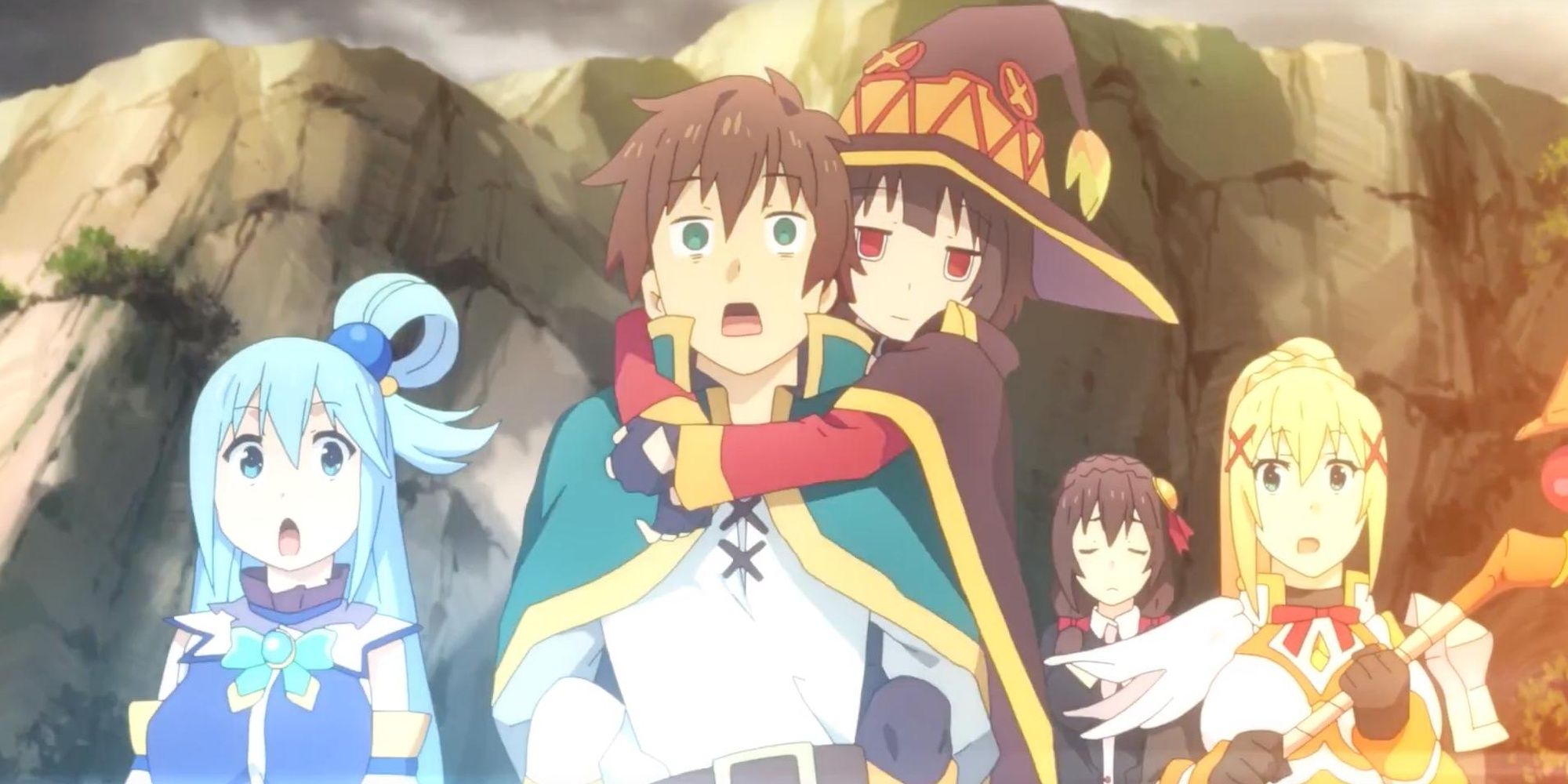 Kazuma and his friends bearing witness to the Crimson Demon Village's power.