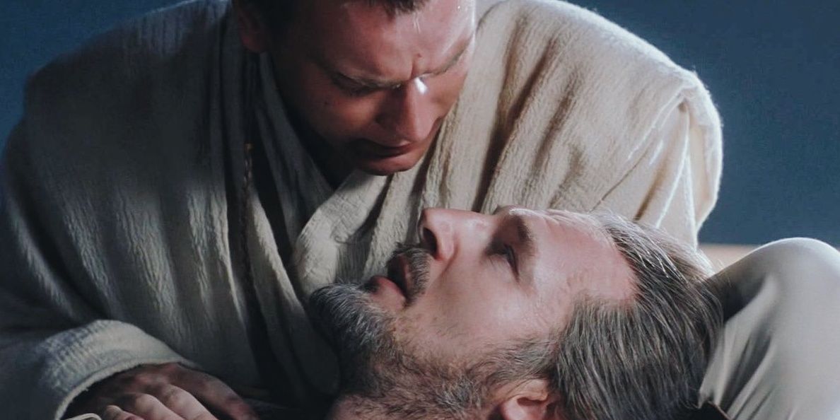 Obi-Wan Kenobi cradles the body of his Master Qui-Gon Jinn, who is dying in his arms