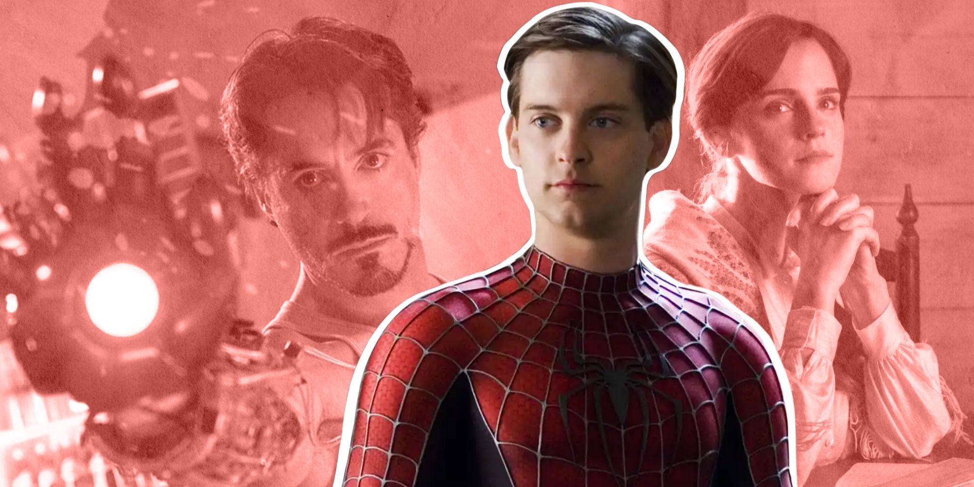 Tobey Maguire as Spider-Man pictured alongside Robert Downey Jr. as Iron Man and Emma Watson from 'Little Women' (2019)