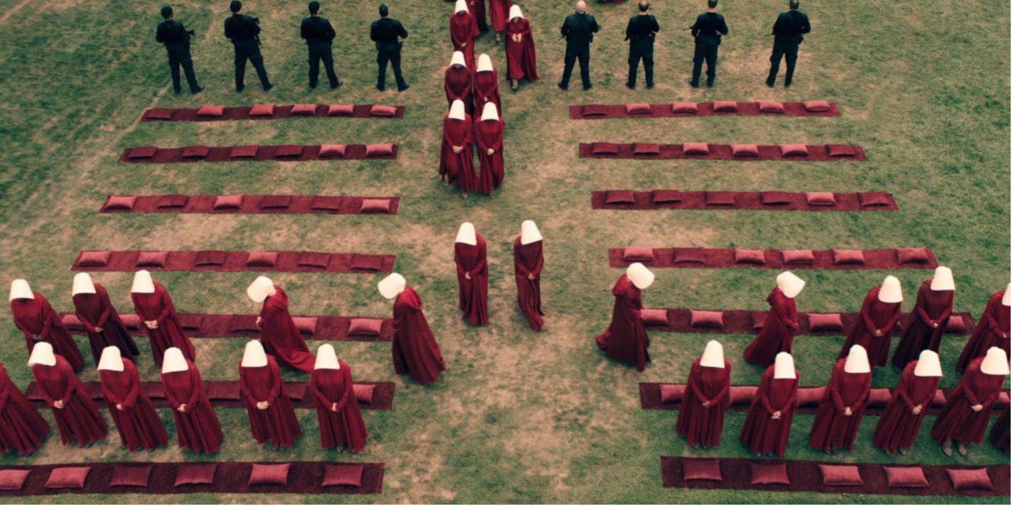 Handmaids lining up in pews