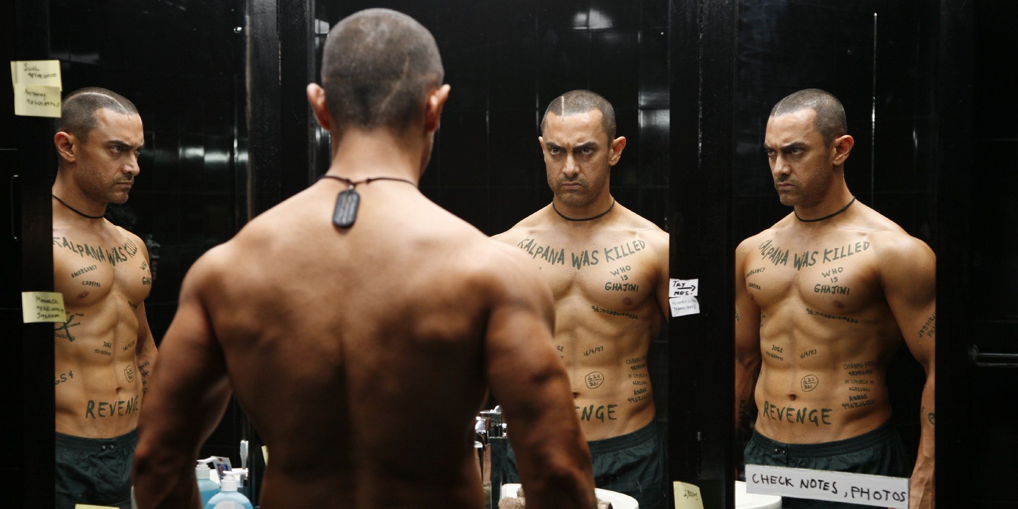 Ghajini, Sanjay Looking in mirrors, shirtless, tattoos, revenge