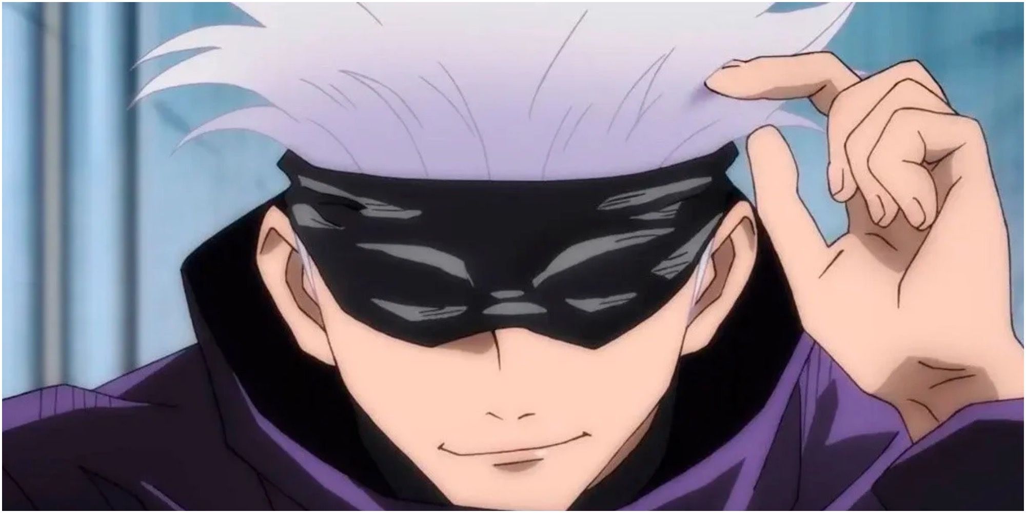 Satoru Gojo with his hand in his hair and  black cloth covering his eyes in Jujutsu Kaisen