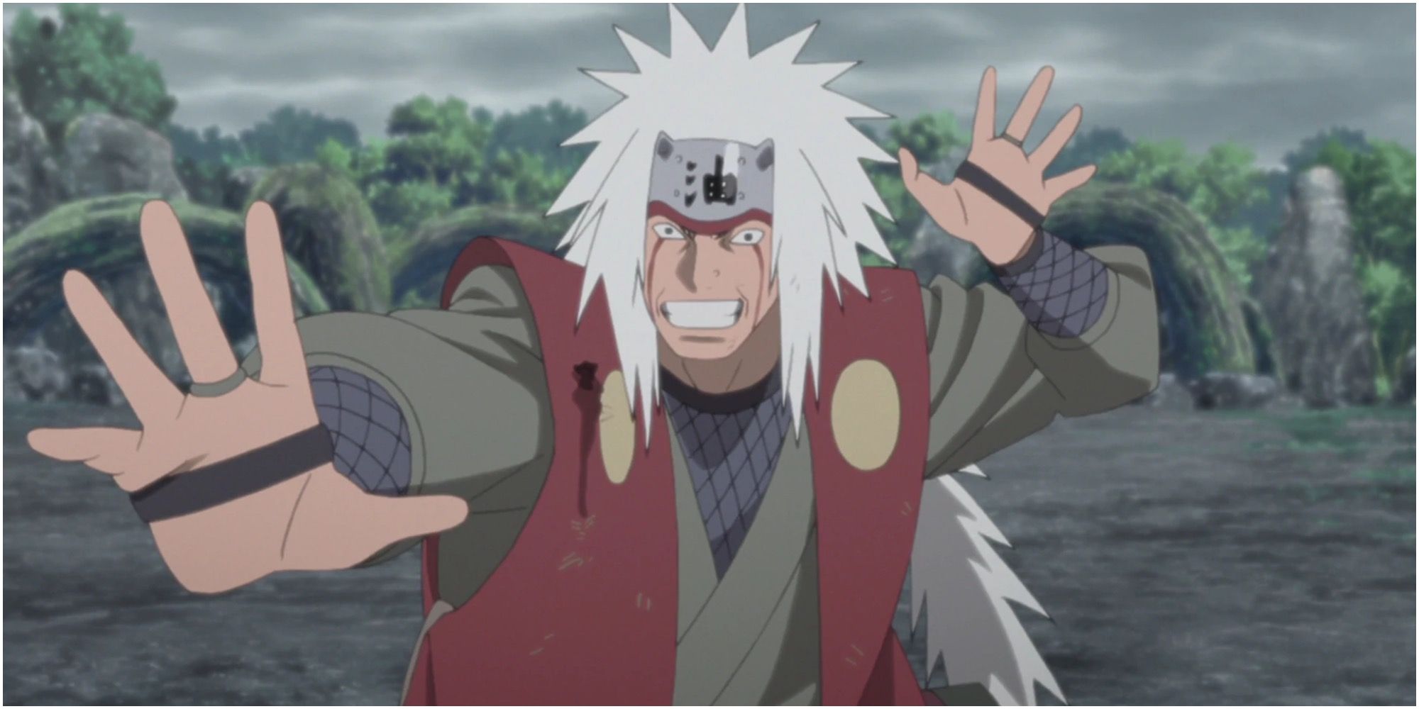 close-up of Jiraiya from Naruto holding his arms out preparing for battle