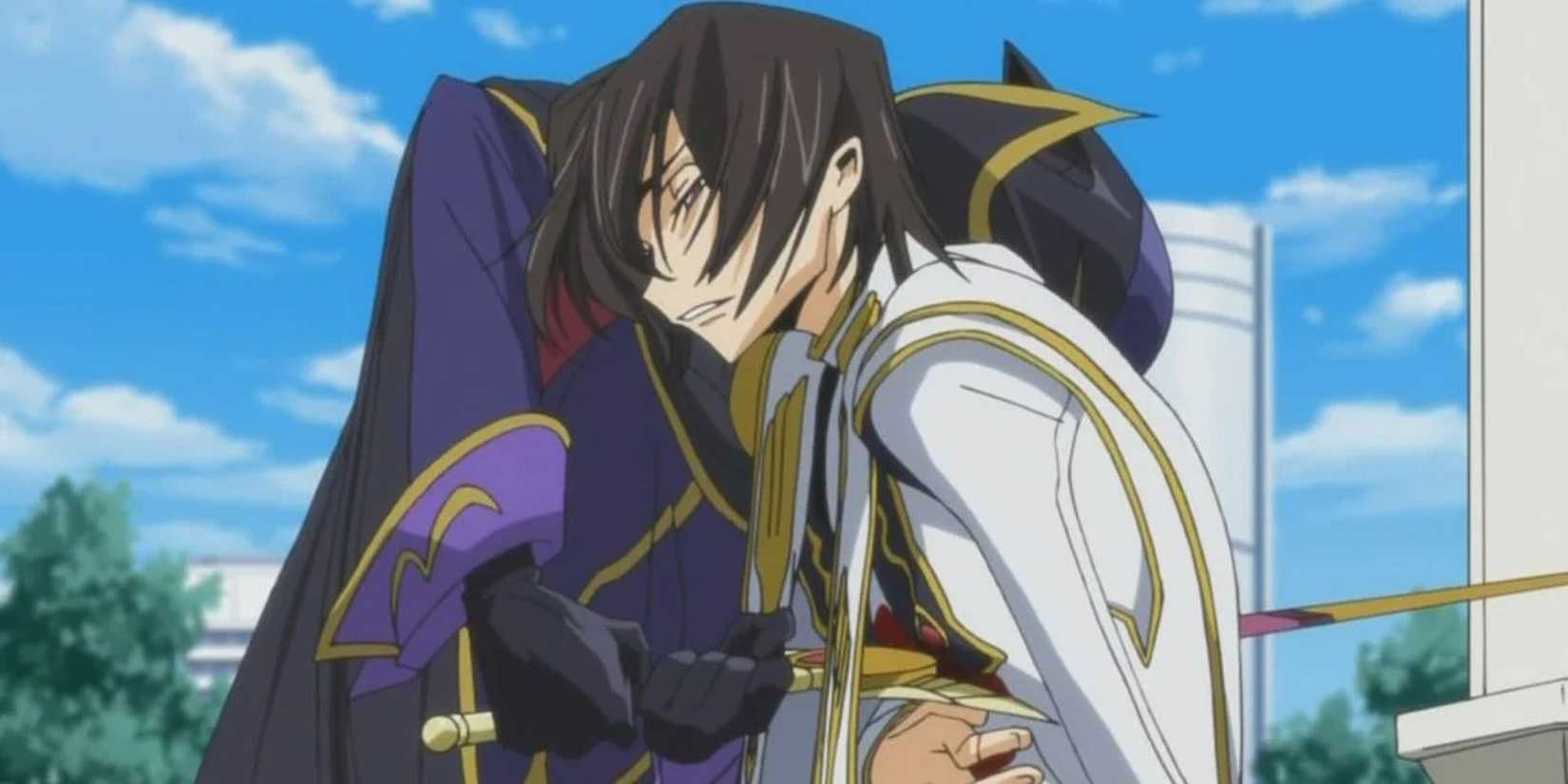 A hooded figure driving a sword through Lelouch in Code Geass