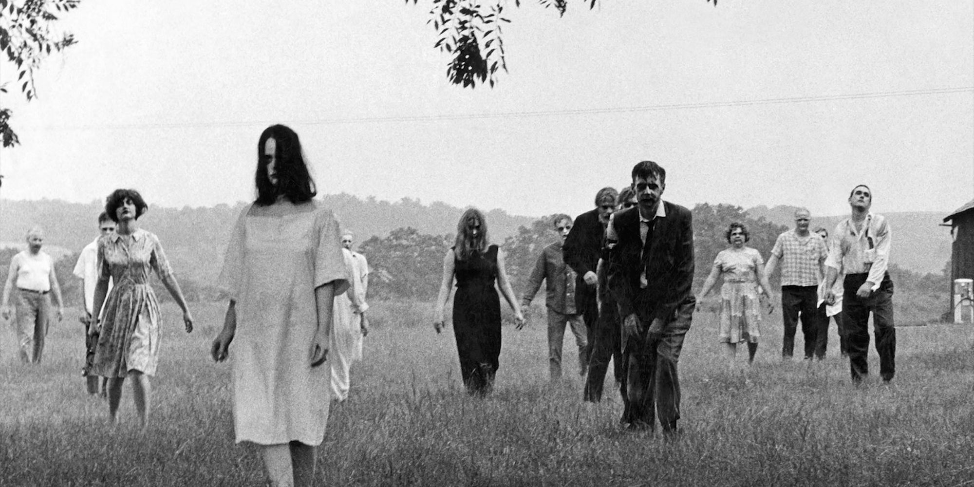 A horde of zombies walking through a field in Night of the Living Dead