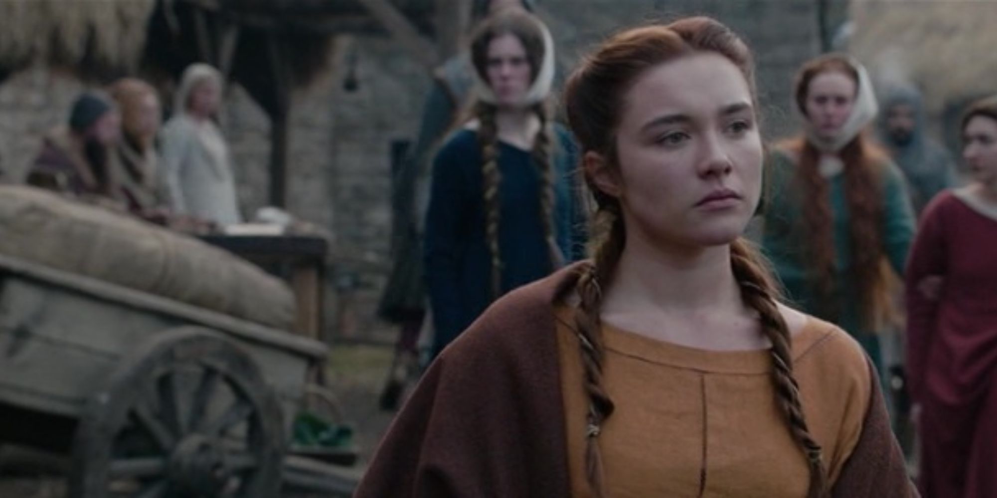 Florence Pugh as Elizabeth de Burgh looking upset in Outlaw King