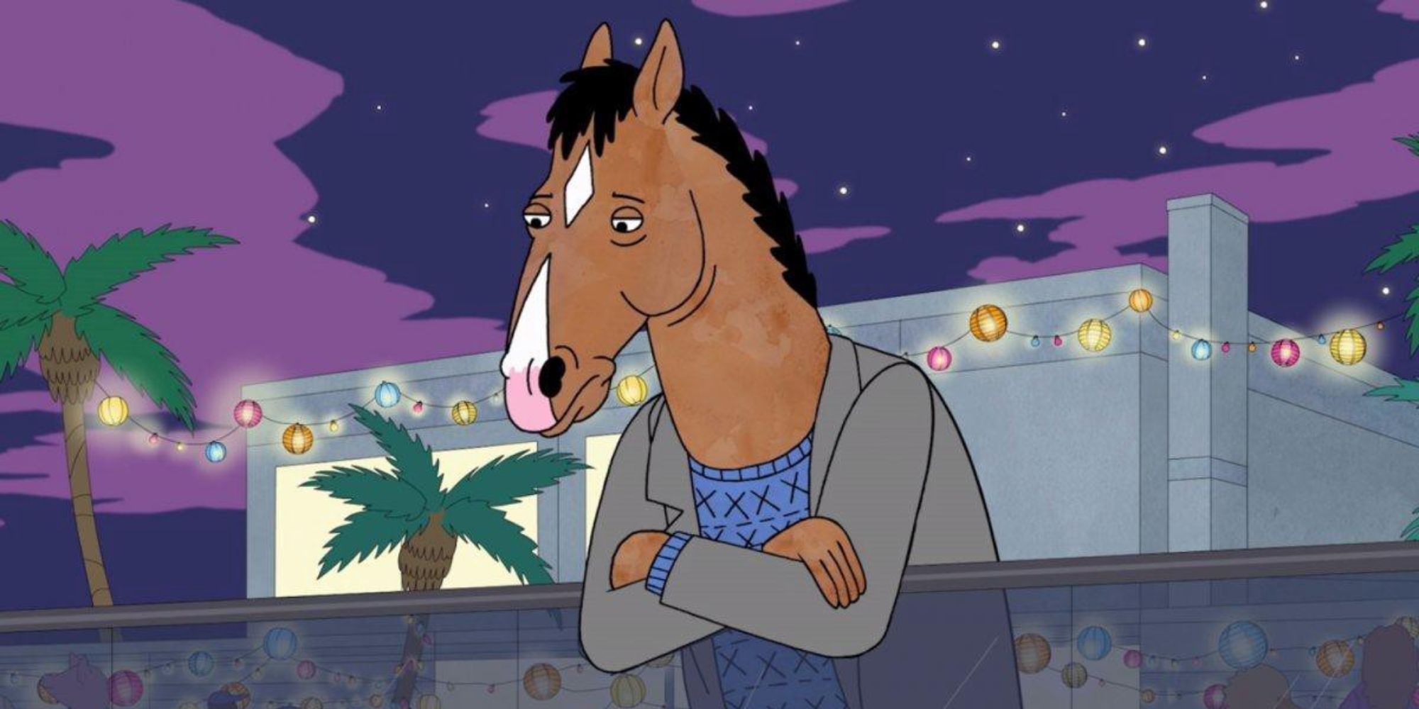 Bojack a l'air triste alors qu'il s'appuie sur une balustrade dans BoJack Horseman.