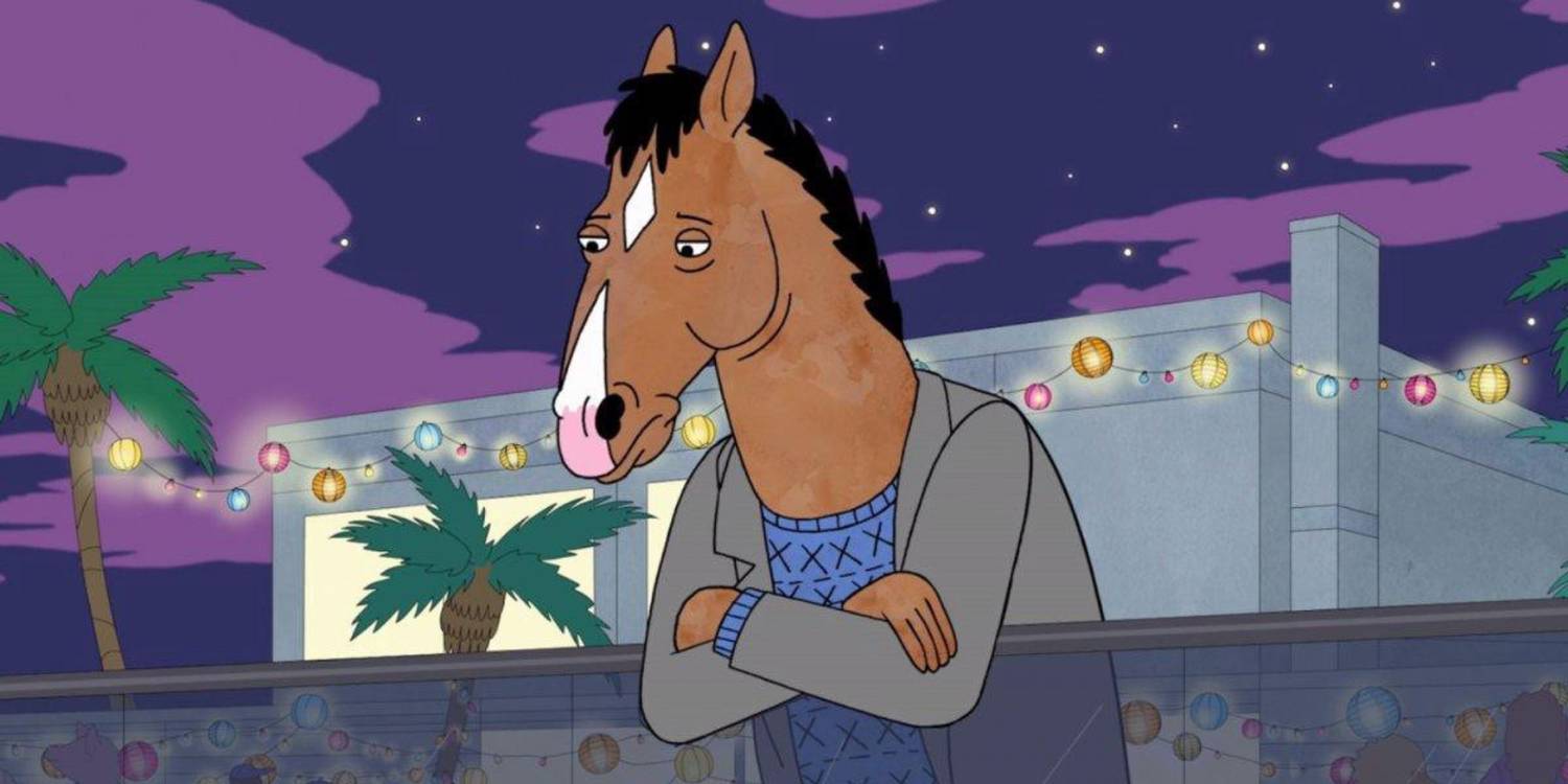 BoJack Horseman'da korkuluğa yaslanan Bojack üzgün görünüyor
