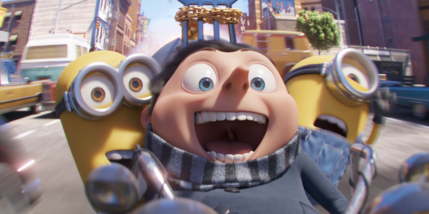 Gru and the minions riding a motorcycle down a street in Minions: The Rise of Gru