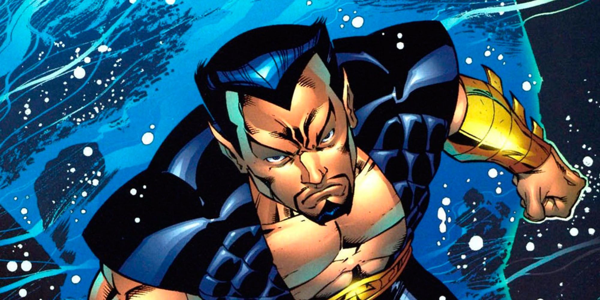 Namor in a black costume while underwater