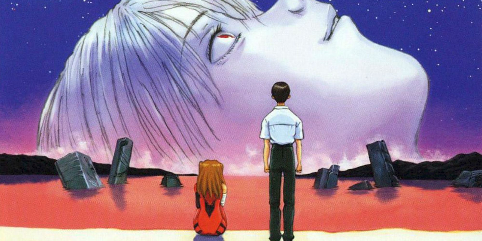 Shinji and Asuka look over a red body of water as a large face fills the night sky in Neon Genesis Evangelion: The End of Evangelion