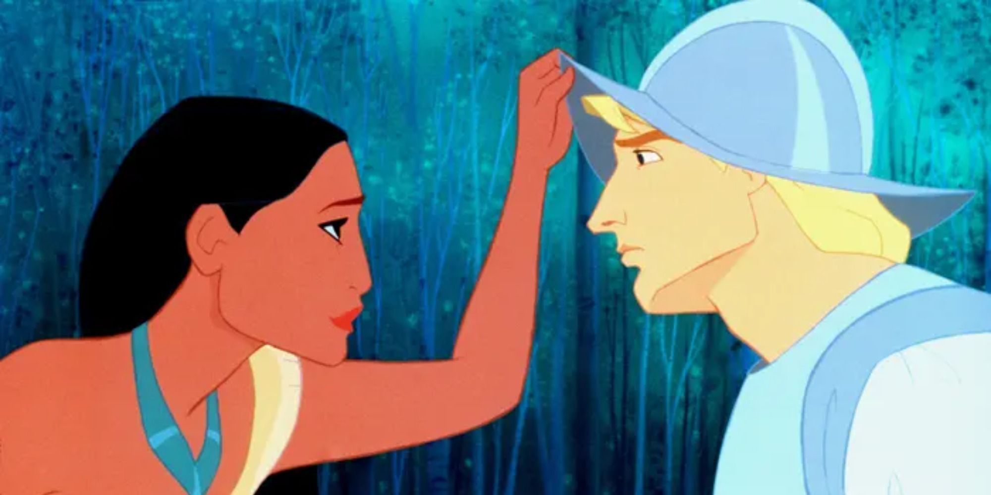 Pocahontas and John Smith looking at each other