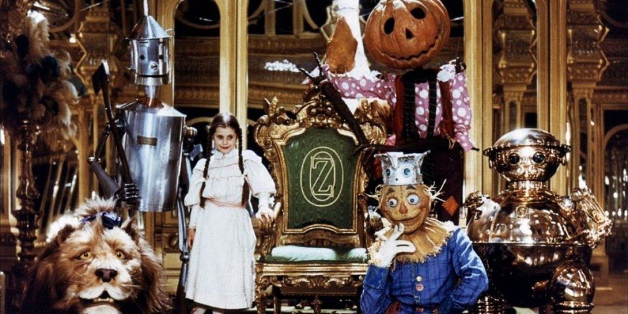 Dorothy surrounded by colorful characters in Return to Oz