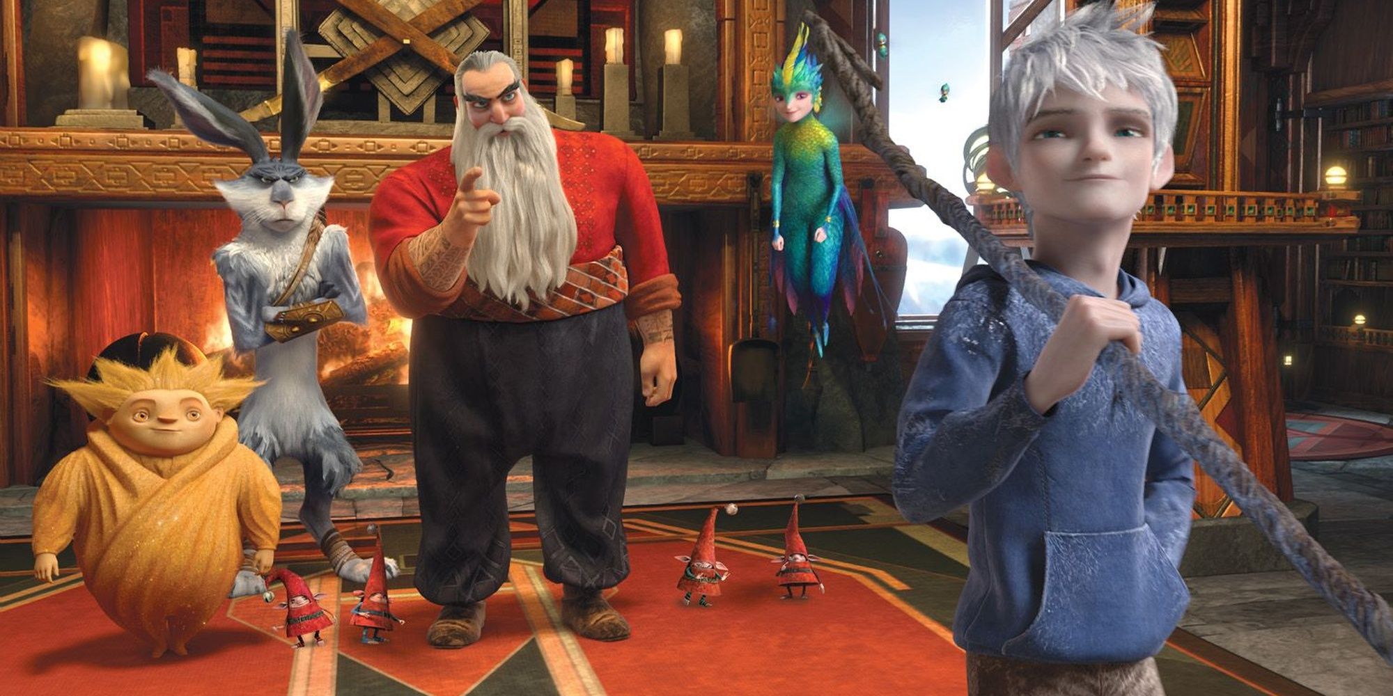 The Guardians of Childhood at the North Pole gathered inside a room looking at Jack Frost in Rise of the Guardians