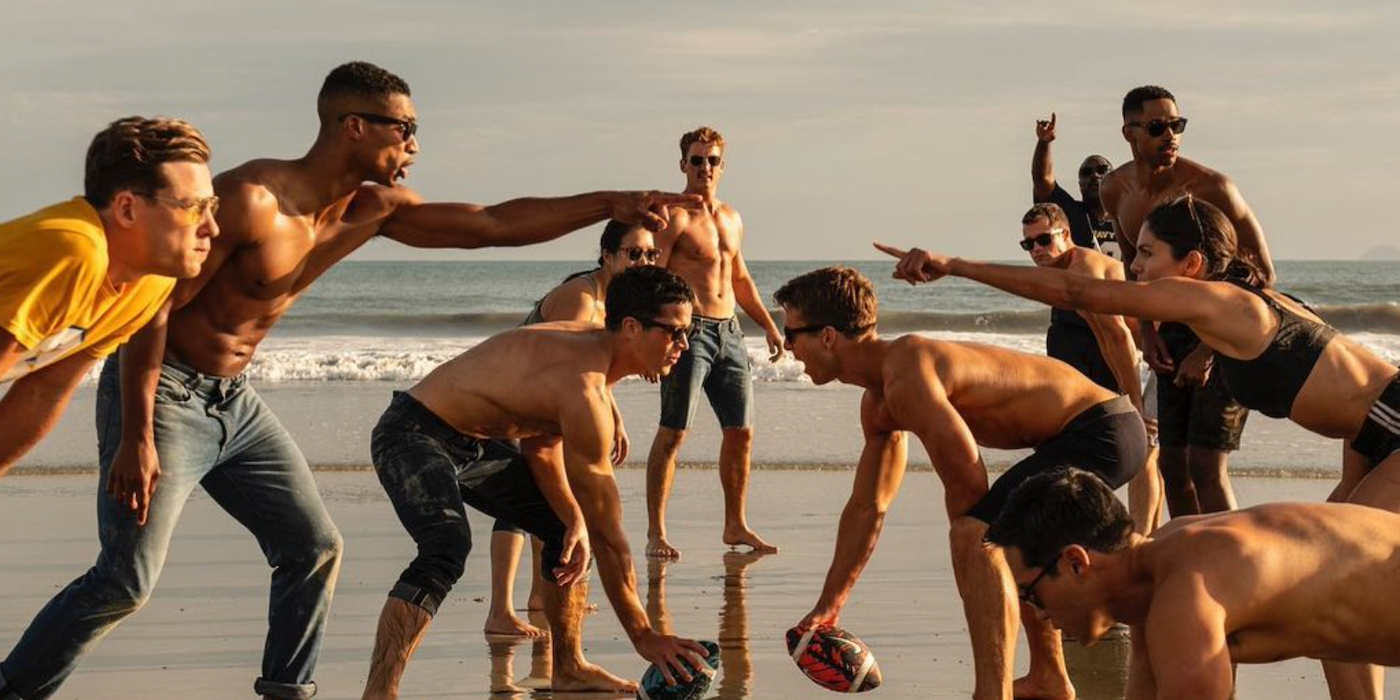 Beach soccer scene in Top Gun Maverick