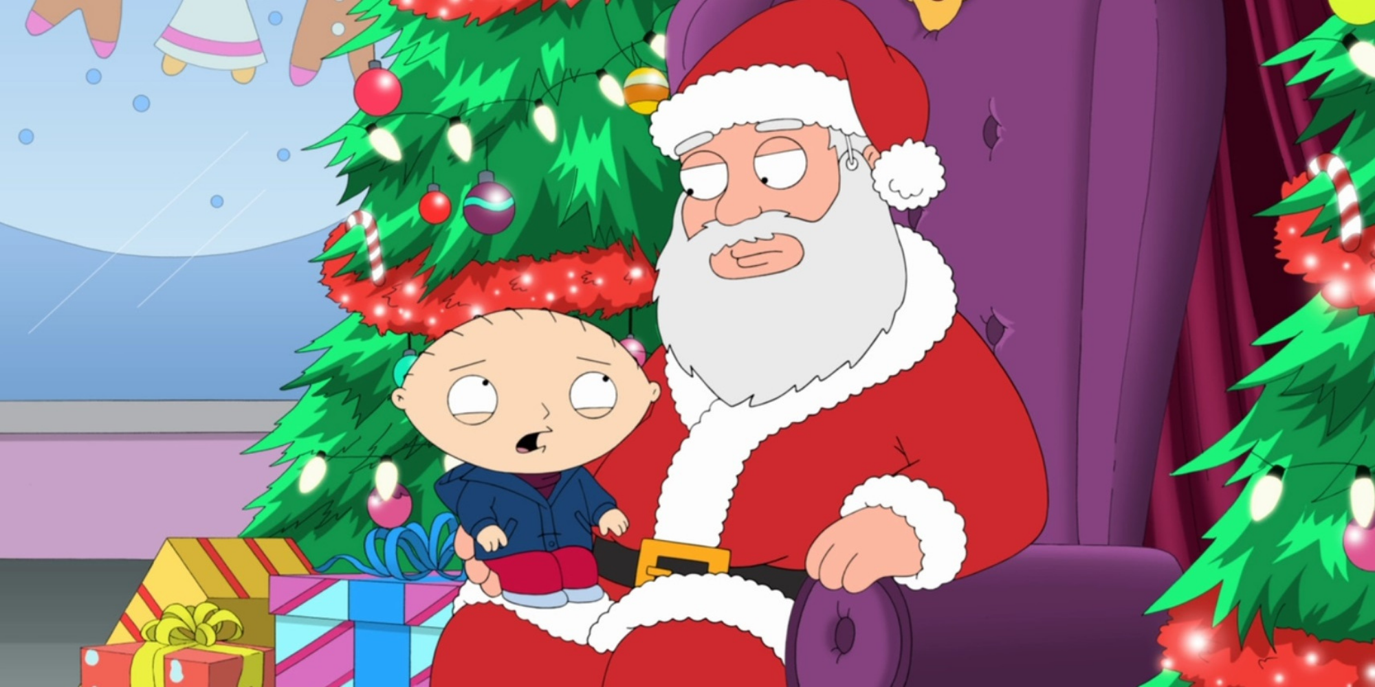 Stewie assis sur les genoux du Père Noël d'un centre commercial.