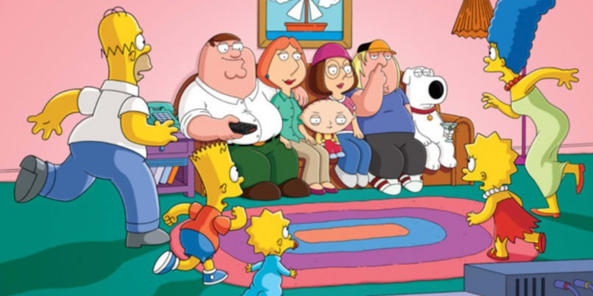 La famille Griffin assise sur le canapé qui appartient à la famille Simpson.