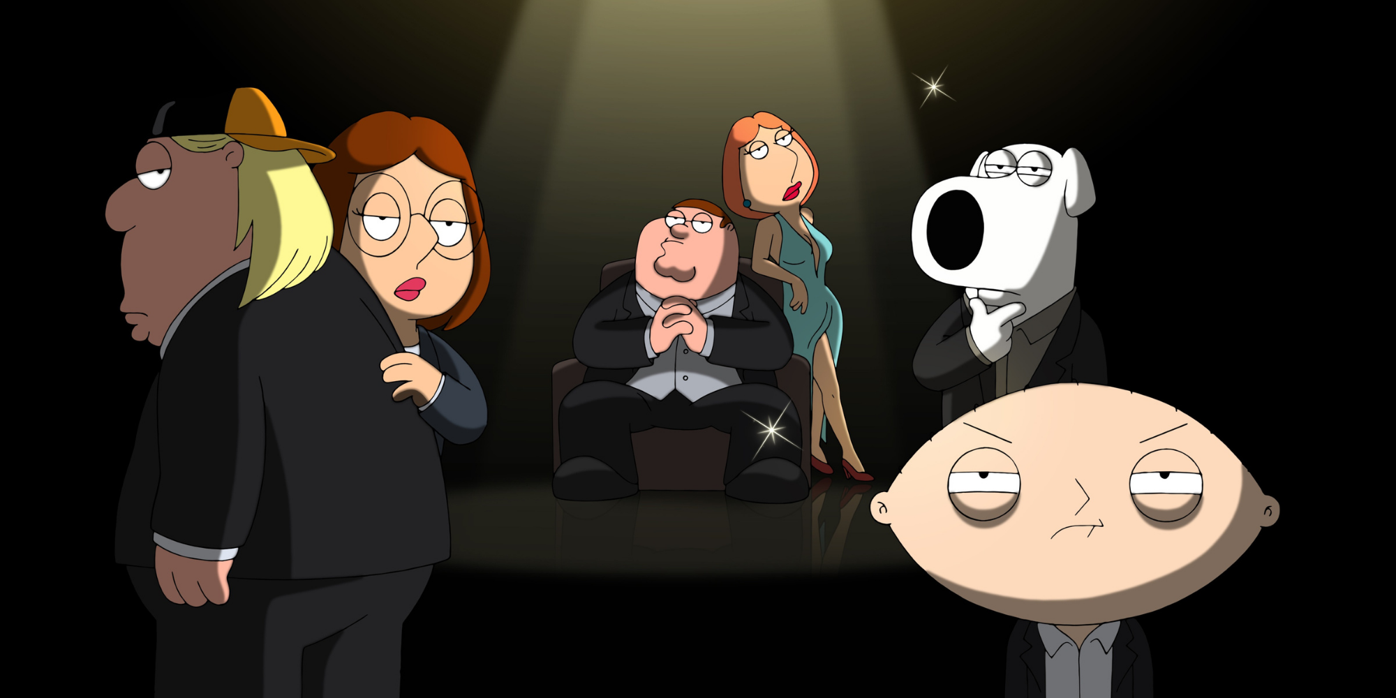 Chris, Meg, Peter, Lois, Brian, et Stewie ont l'air sérieux.