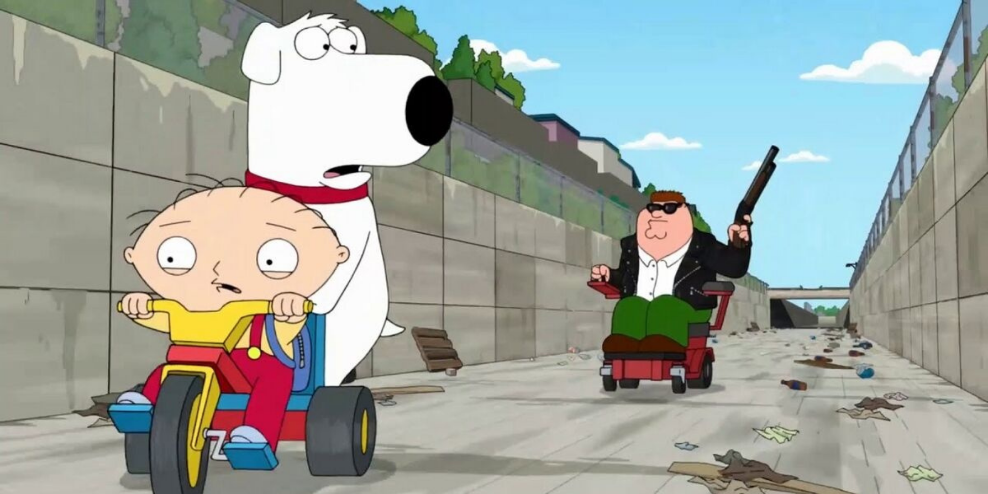 Peter pourchasse Stewie et Brian avec une arme.